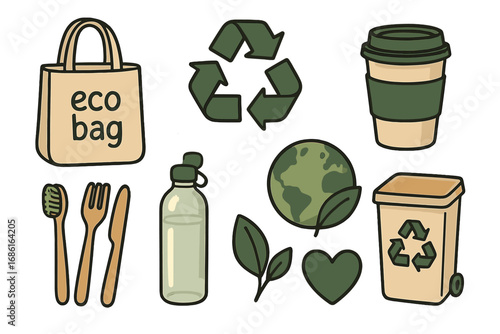 Eco-friendly items and recycling symbols vector illustration, sustainable living concepts, reusable bag, water bottle, biodegradable utensils, earth and leaf icons, zero waste lifestyle design
