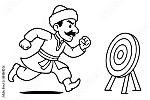 Man in traditional Ottoman costume running towards a target. Business goal metaphor. Line art cartoon for success, focus, ambition, motivation, achievement, and hitting the mark.