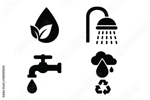 Water conservation silhouette icon set, eco-friendly water saving symbols, shower, plumbing, recycling, rain drops, environmental protection vector illustration, transparent background