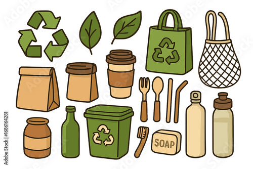 Eco-friendly sustainable living illustration with recycling symbols, reusable bags, biodegradable utensils, glass bottles, soap bar, and zero waste lifestyle items, vector cartoon set