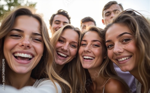 Big group of friends taking selfie picture smiling at camera - Laughing young people celebrating standing outside and having fun - Portrait photography of teens guys and girls enjoying vacation