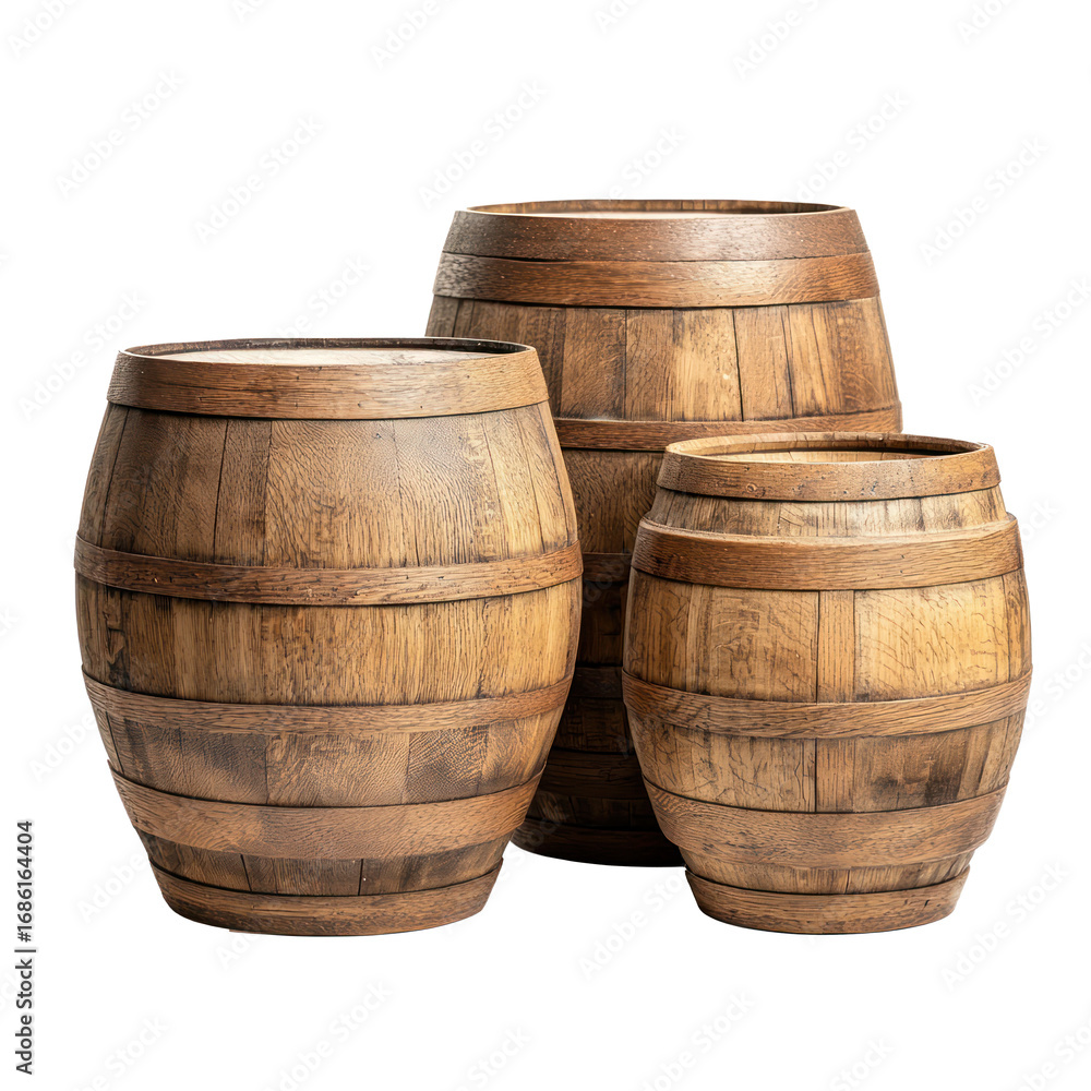Obraz premium Stack New wooden barrels isolate on transparent background