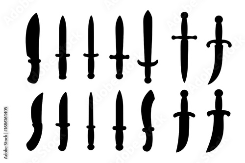 Weapon silhouette icon set featuring knives, swords, and daggers in sleek, sharp vector cartoon style with transparent background, ordered collection 2 for graphic design