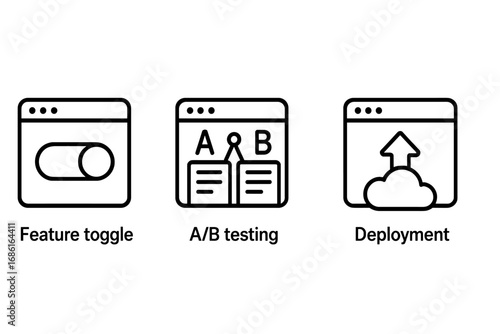 Software development line icon set. Feature toggle, feature flag. A-B split testing. Deployment, release management. Vector icons for UI, UX, DevOps, CI-CD, agile, cloud.