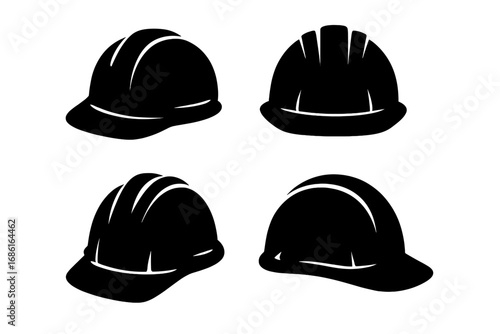 Set of construction helmets in black silhouette. Vector icon collection of safety hard hats. Industrial worker, builder and engineer headwear for protection on a building site.