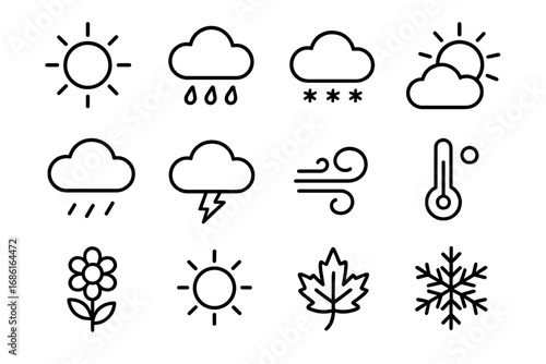 Weather and Seasons Outline Icon Set, Nature Climate Symbols Collection, Vector Cartoon Illustration with Transparent Background, Seasonal and Weather Elements, Natural Phenomena Icons