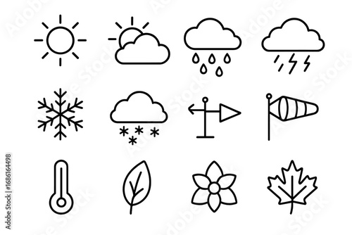 Weather and Seasons Outline Icon Set, Nature and Climate Symbols Collection, Vector Cartoon Illustration with Transparent Background, Ordered Nature Elements and Seasonal Signs