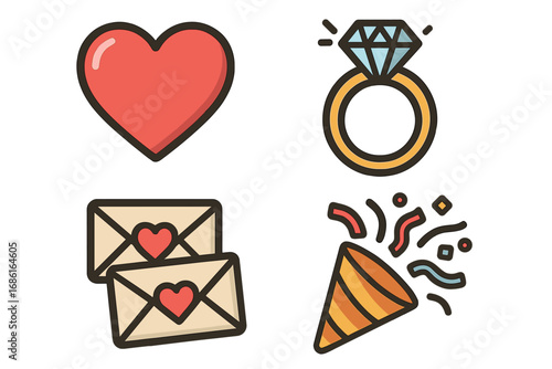Love and wedding icon set. Vector cartoon illustration of a heart, diamond engagement ring, love letter and party popper. Symbols for romance, celebration and Valentine's Day.