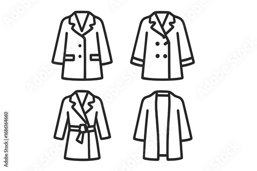 Coat icon set in minimalist outline style. Vector collection of fashion outerwear symbols. Includes trench coat, overcoat, jacket. Flat linear pictogram for web and design.