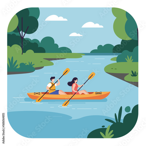A serene scene of two people kayaking on a calm river surrounded by lush greenery.