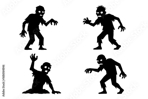 Zombie monster silhouette icon set, undead spooky horror icons collection, cartoon vector illustrations with transparent background, organized horror creature graphic elements