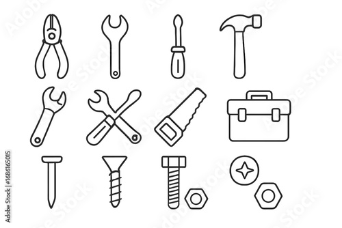 Tool and hardware line icon set. Vector outline collection of workshop instruments like hammer, saw, wrench, screwdriver, and pliers. Repair and construction toolkit symbols.