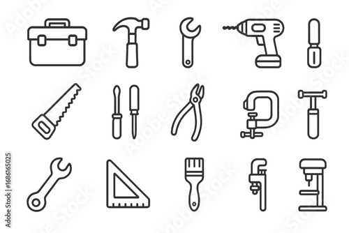 Workshop tools and toolbox line icon set. Vector collection of handy DIY equipment for repair, maintenance and construction. Carpentry and building instrument symbols.
