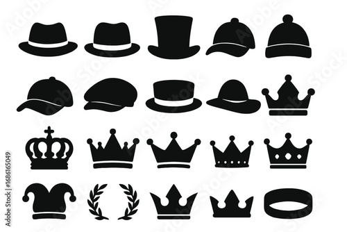 Headwear icon set vector silhouette. Hat, cap, crown and laurel wreath symbols. Fashion accessories collection. Royal king, queen, princess logo. Winner prize emblem.