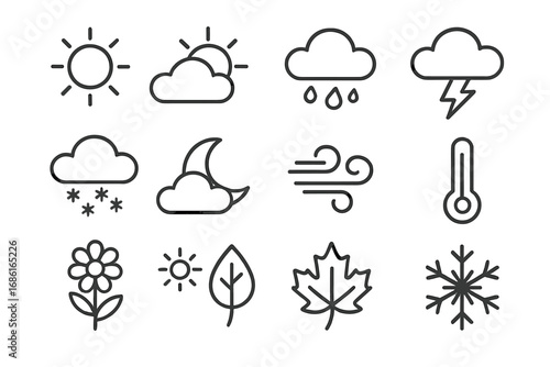 Weather and seasons outline icon set, nature and climate symbols collection, vector cartoon illustration with transparent background, seasonal weather icons pack, meteorology signs