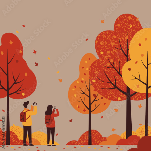 Two people photographing colorful autumn trees in a serene landscape.