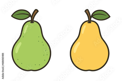 Vector illustration set of two pears showing ripeness stages. Green unripe and yellow ripe pear fruit. Fresh healthy organic food cartoon icon for nutrition and diet concept.