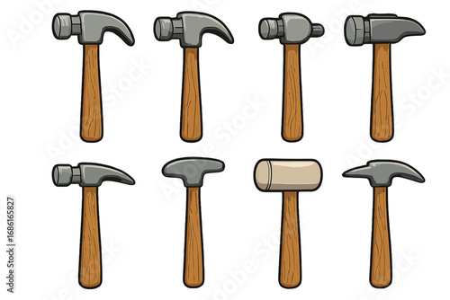 Hammer set vector cartoon illustration. Collection of various construction and carpentry tools. Claw hammer, ball peen, and mallet icons for workshop, repair, and DIY projects.