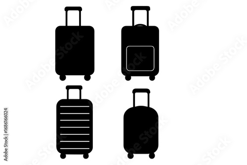 Collection of suitcase silhouettes on wheels. Vector icons for travel, vacation, and tourism. Minimalist luggage and baggage set. Isolated graphic elements for design.
