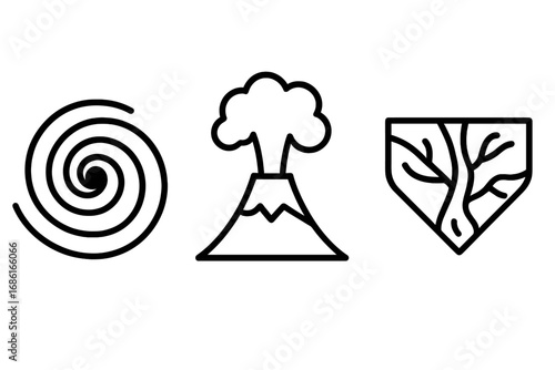 Geophysical phenomena line icon set. Hurricane spiral, volcanic eruption, river delta vector icons. Natural disaster, earth science, geology, geography, weather concept symbols.