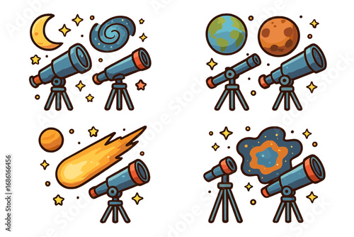 Night Sky Exploration with Telescopes, Celestial Bodies, and Cosmic Phenomena in Vibrant Cartoon Style. Astronomy Discovery, Space Travel, Stars, Planets, Galaxies Vector Illustration