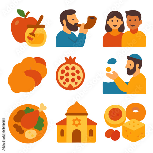 Flat vector illustration of Rosh Hashanah icons. Includes apple with honey, shofar, pomegranate, challah bread, festive meal, Jewish family, synagogue, traditional foods, and ritual of tashlich.