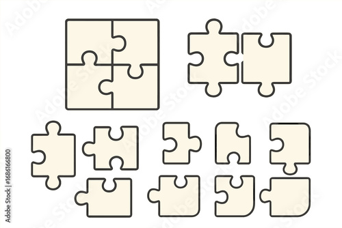 Puzzle pieces vector set. Collection of various jigsaw shapes. Concept of teamwork, business strategy, connection, problem-solving, and solution. Assembled and separate parts.