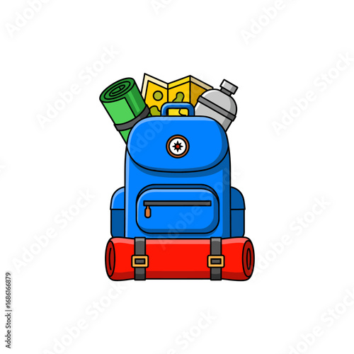Set of colorful backpack vector cartoon icons with retro toy robots, cars and other objects for traveling and trip design