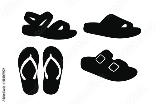 Silhouette set of sandals and flip-flops in black and white minimal design. Vector cartoon illustration. Beach footwear collection with slides, slippers, and casual shoes.