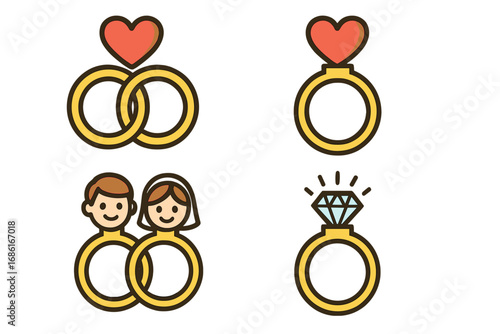 Wedding and engagement ring symbols representing love, commitment, marriage, and partnership with cartoon illustrations of hearts, diamond, bride, groom, and intertwined rings in a simple vector set