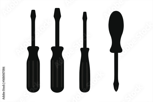 Screwdriver silhouette set iconic vector illustration. Black hand tools for hardware, DIY, and repair work. Flathead and Phillips screwdriver assortment for toolkit concept.