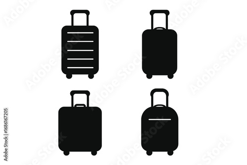 Travel suitcase luggage icon set. Black silhouette of baggage with wheels for vacation journey. Vector graphic illustration isolated. Tourism, trip & business travel concept.