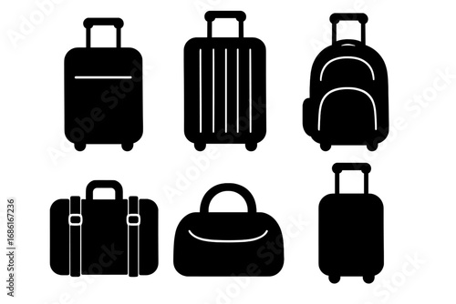 Travel bags and suitcase icon set. Black silhouette luggage collection for vacation or trip. Vector journey and tourism concept. Baggage, backpack, handbag symbols for airport.
