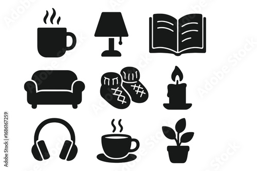 Home comfort icons set. Cozy lifestyle and relaxation symbols. Hygge concept vector silhouette illustration. Book, candle, coffee, slippers, armchair glyph collection for design.
