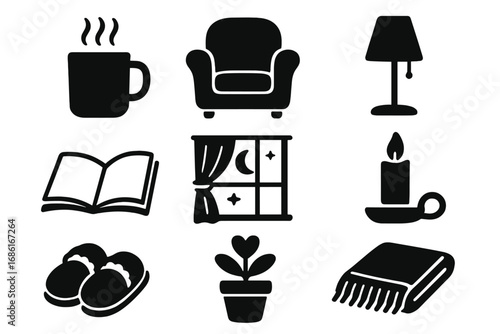 Home comfort silhouette icons set. Cozy relaxation lifestyle symbols. Vector illustration for hygge concept. Warm evening, stay at home elements. Book, candle, tea, armchair.