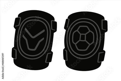 Simple black knee pad set with geometric patterns. Vector illustration of tactical protective gear for sports like skateboarding and cycling. Safety equipment silhouette icon.