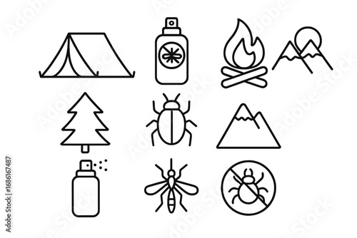 Camping and hiking outline icon set. Vector collection with tent, campfire, mountain, tree, mosquito, tick repellent, and bug spray. Nature and outdoor adventure symbols.