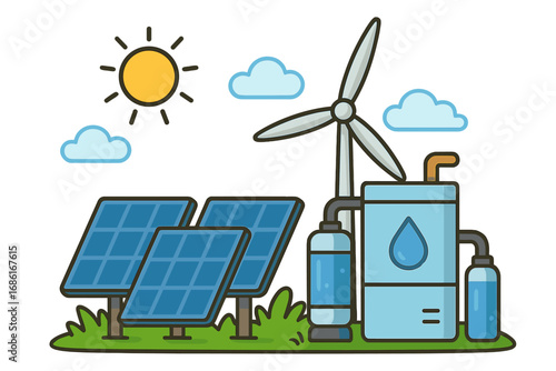 Sustainable energy concept with solar panels and wind turbine. Renewable power generation for a clean environment. Water purification and filtration system. Green technology vector.