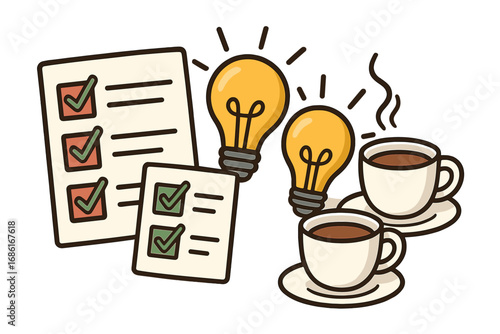 Productivity tools concept with checklist for task management, lightbulbs for creative ideas, and coffee for energy. Office brainstorming, planning, success. Vector cartoon.