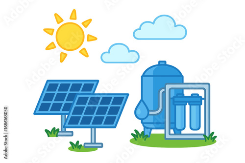Sustainable energy sources with solar panels and water purification system under bright sunny sky, clean renewable power and eco-friendly technology vector cartoon illustration