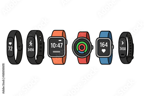 Variety of Fitness Trackers and Smartwatches in a Row, Health Monitoring Devices, Digital Pulse and Activity Bands, Modern Wearable Technology, Vector Cartoon Illustration