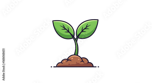 Green plant sprout icon with two leaves emerging from the earth, representing growth, ecology, and new beginnings on a white background