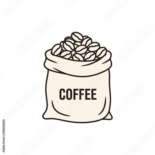 Simple line art illustration of a burlap sack overflowing with fresh roasted coffee beans, an icon for cafes and roasteries