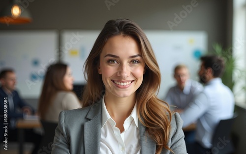 Close-up portrait of pretty female manager from sales department. Indoor photo of smiling girl working in office with discussing people on background. High quality