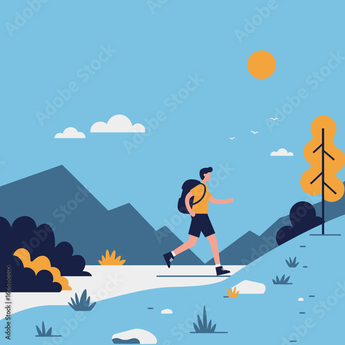 A person hiking on a trail surrounded by mountains and trees under a sunny sky.