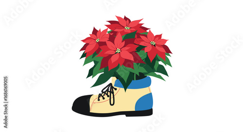 Unique festive boot planter overflowing with vibrant red poinsettia flowers for holiday decor