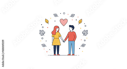 A gentle illustration of a loving couple holding hands under a heart emblem surrounded by autumnal elements