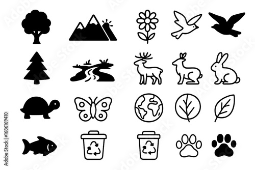 Nature and wildlife icon set with solid and outline symbols. Vector graphics for environment, ecology, and conservation concepts. Includes animals, plants, and landscapes.