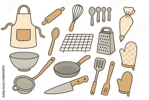 Various kitchen tools and utensils for baking and cooking, minimalist vector cartoon illustration, ordered set of cooking accessories with clean transparent background