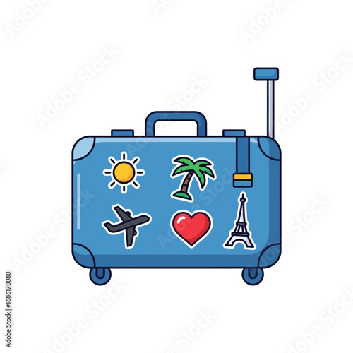 Travel bag with a variety of transportation icons, symbolizing an object of travel